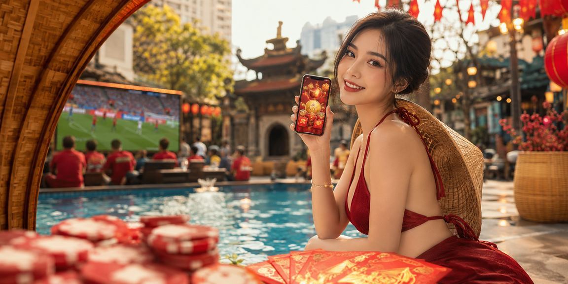 Người phụ nữ đội nón lá cầm phong bì đỏ thể hiện khuyến mãi thể thao tại Hà Nội